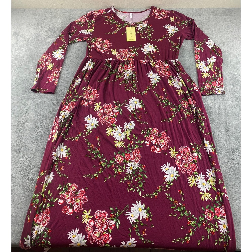 Longyuan Womens 3XL Burgundy Floral Maxi Dress Long Sleeve Pockets Empire Waist